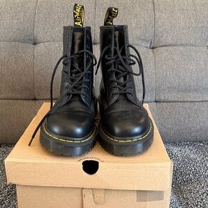 Dr. Martens Black Leather 8-Eye Lace-Up Boots with Yellow Stitching